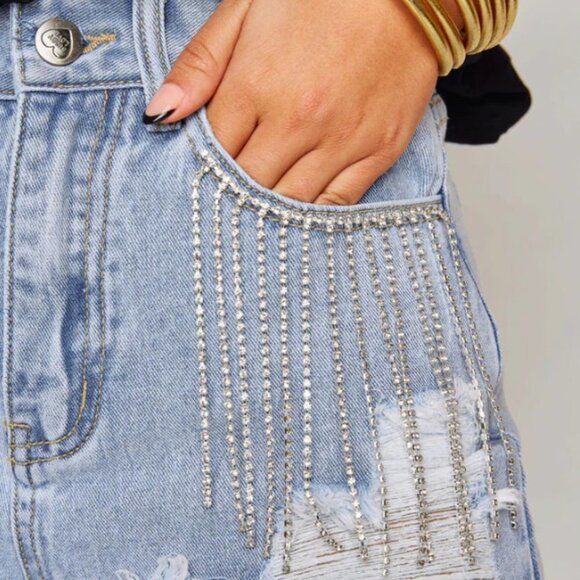 Elvis Crystal Fringe Denim Shorts by Buddy Love - Picture 2 of 6